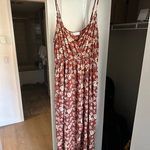 FLORAL Maxi Dress Rust V-neck wrap slit size L